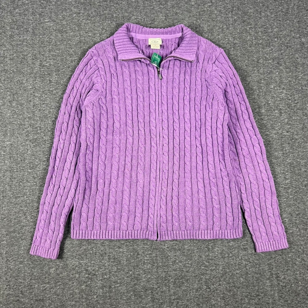 L.L.Bean Cable Knit Sweater Women XL Purple Full Zip Old Money Fisherman Preppy